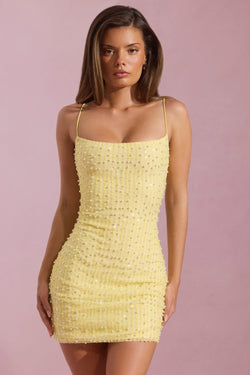 Embellished Scoop-Neck Bodycon Mini Dress in Yellow