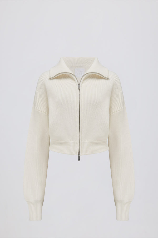 Ribbed-Knit Cropped Zip-Up Sweatshirt in Ivory